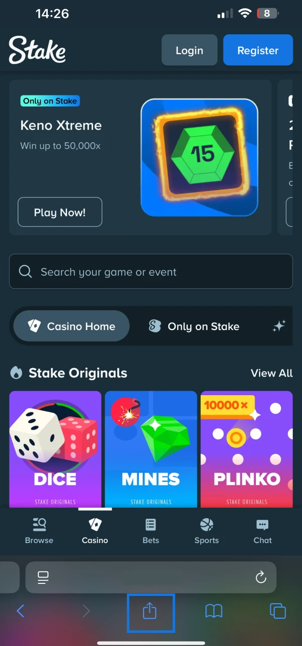 Visit the Stake website and click the share button to add the app to your iOS device.