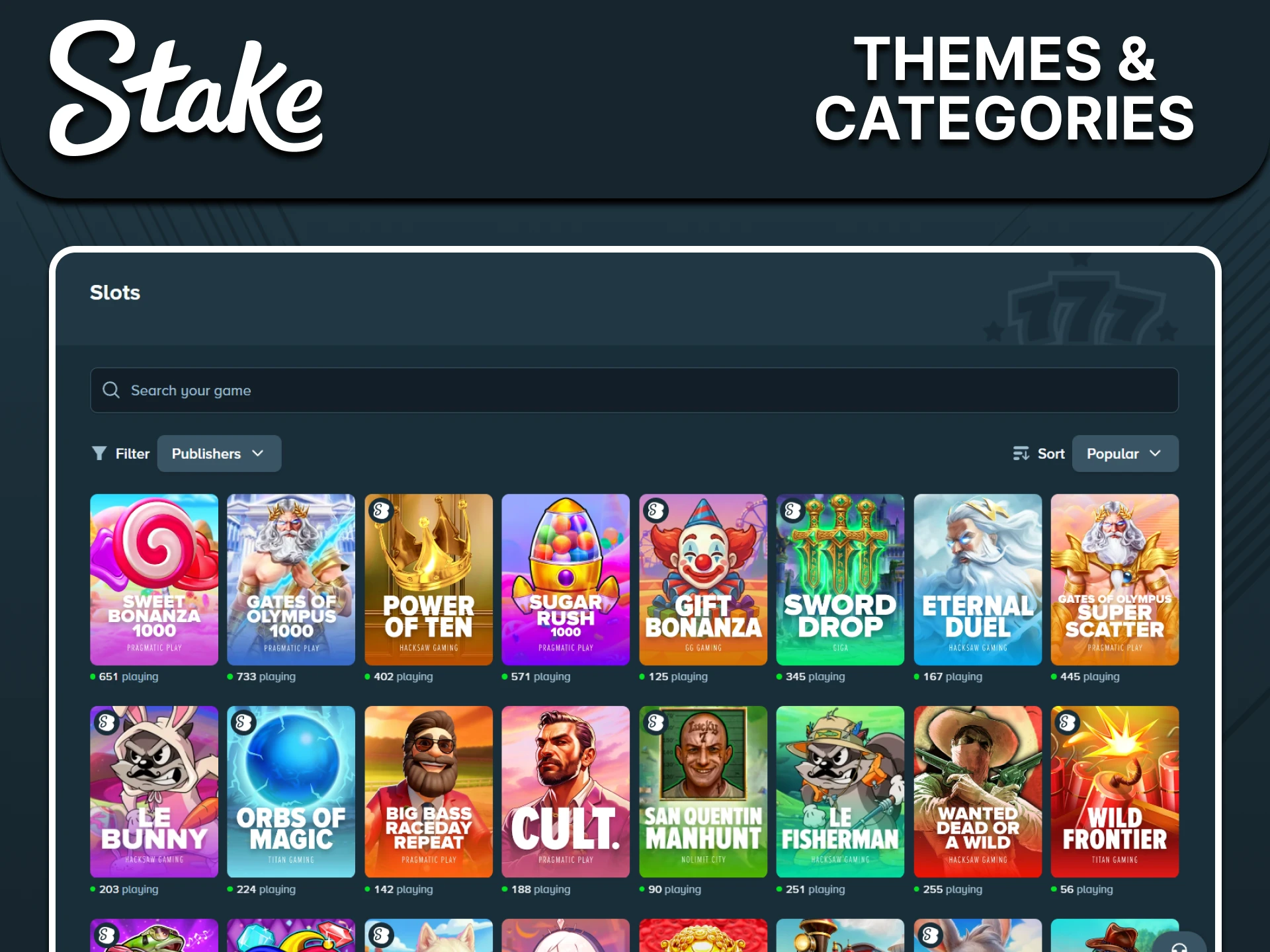 Choose your favorite slot category on Stake.