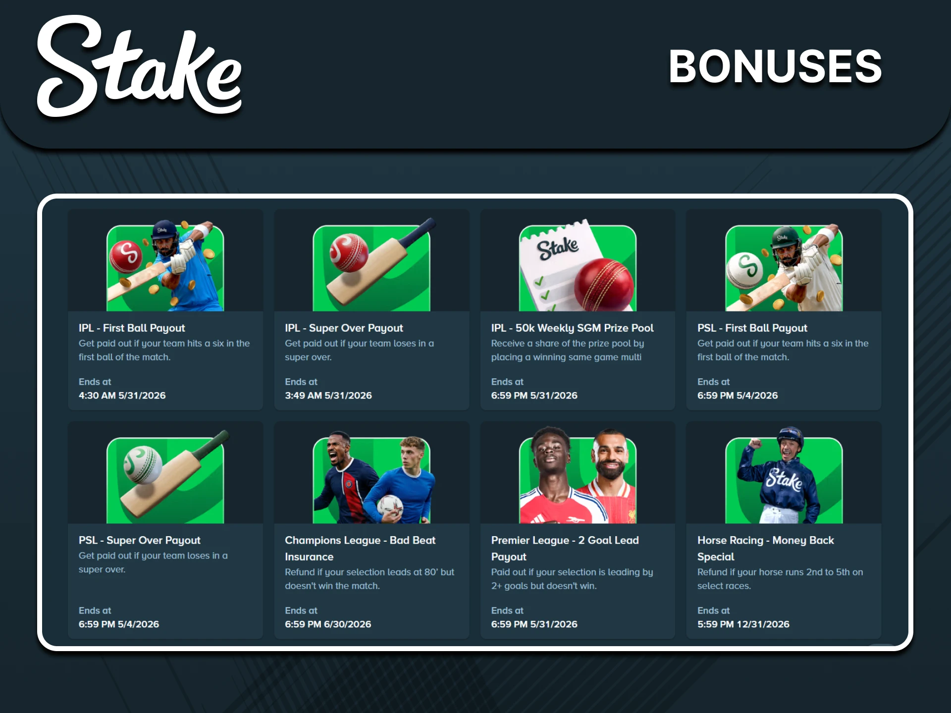 Stake offers bonuses for sports betting.