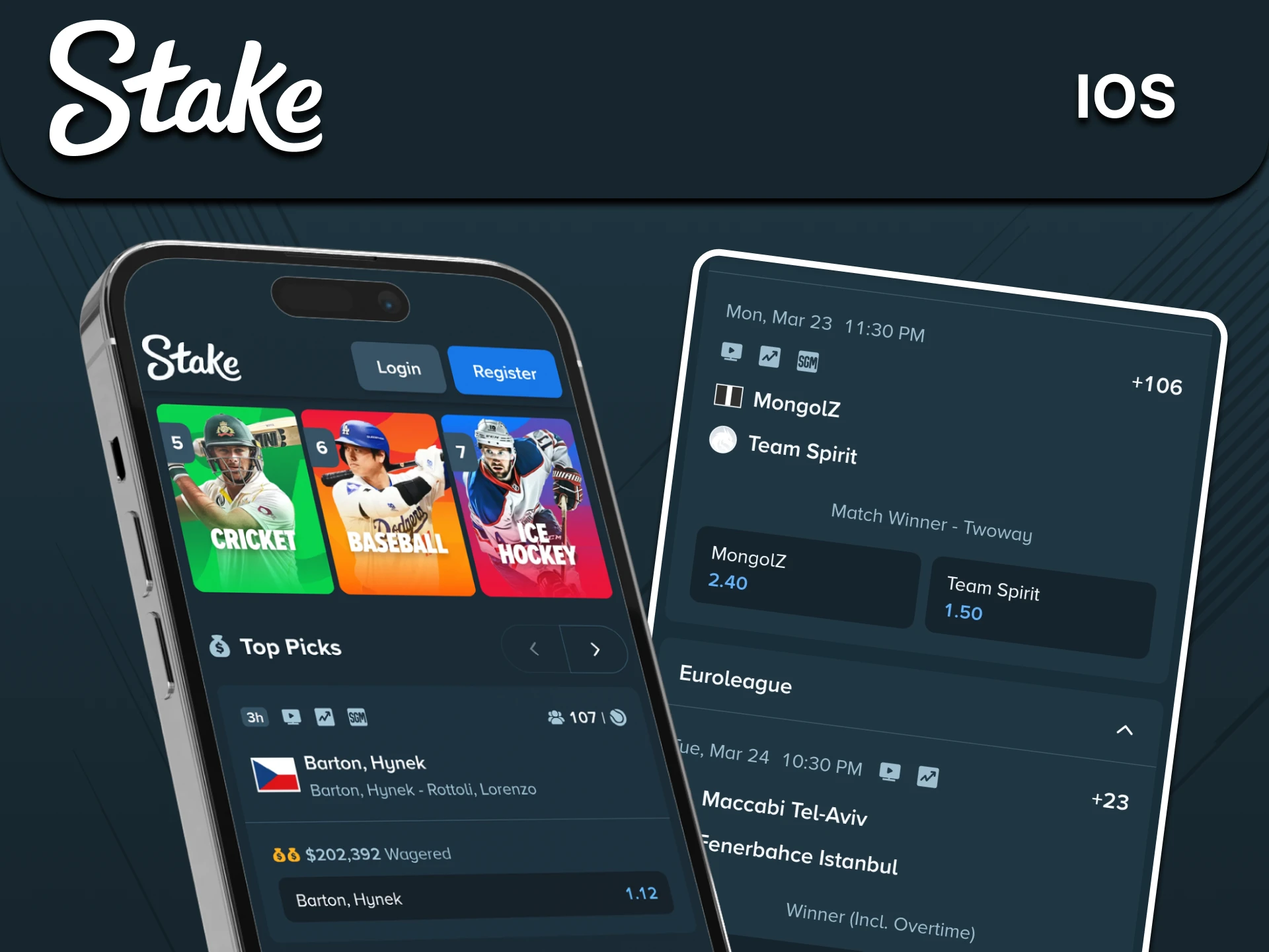 You can place sports bets using the Stake app for iOS.