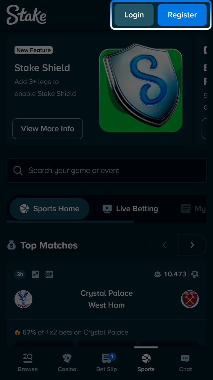 Register or log in to your Stake betting profile.