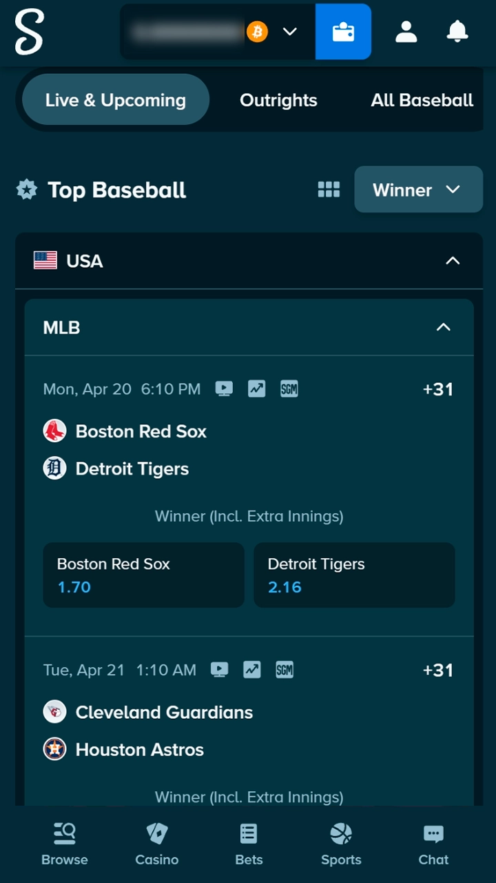 Browsing upcoming baseball matches to bet on at Stake.