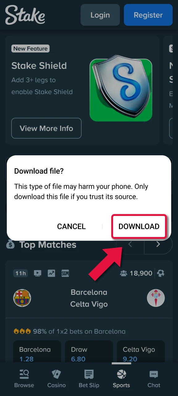 Download the mobile app on your device to access Stake E-Sports.