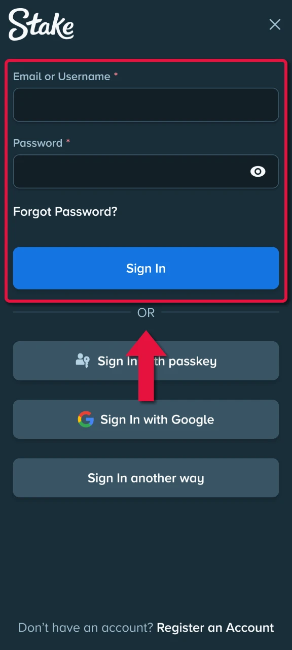 Log in or register via the app to enjoy Stake E-Sports.