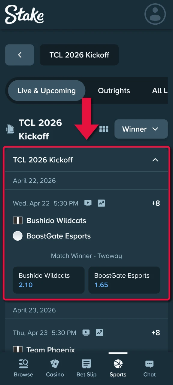 Place your first E-Sports bet using the Stake mobile app.