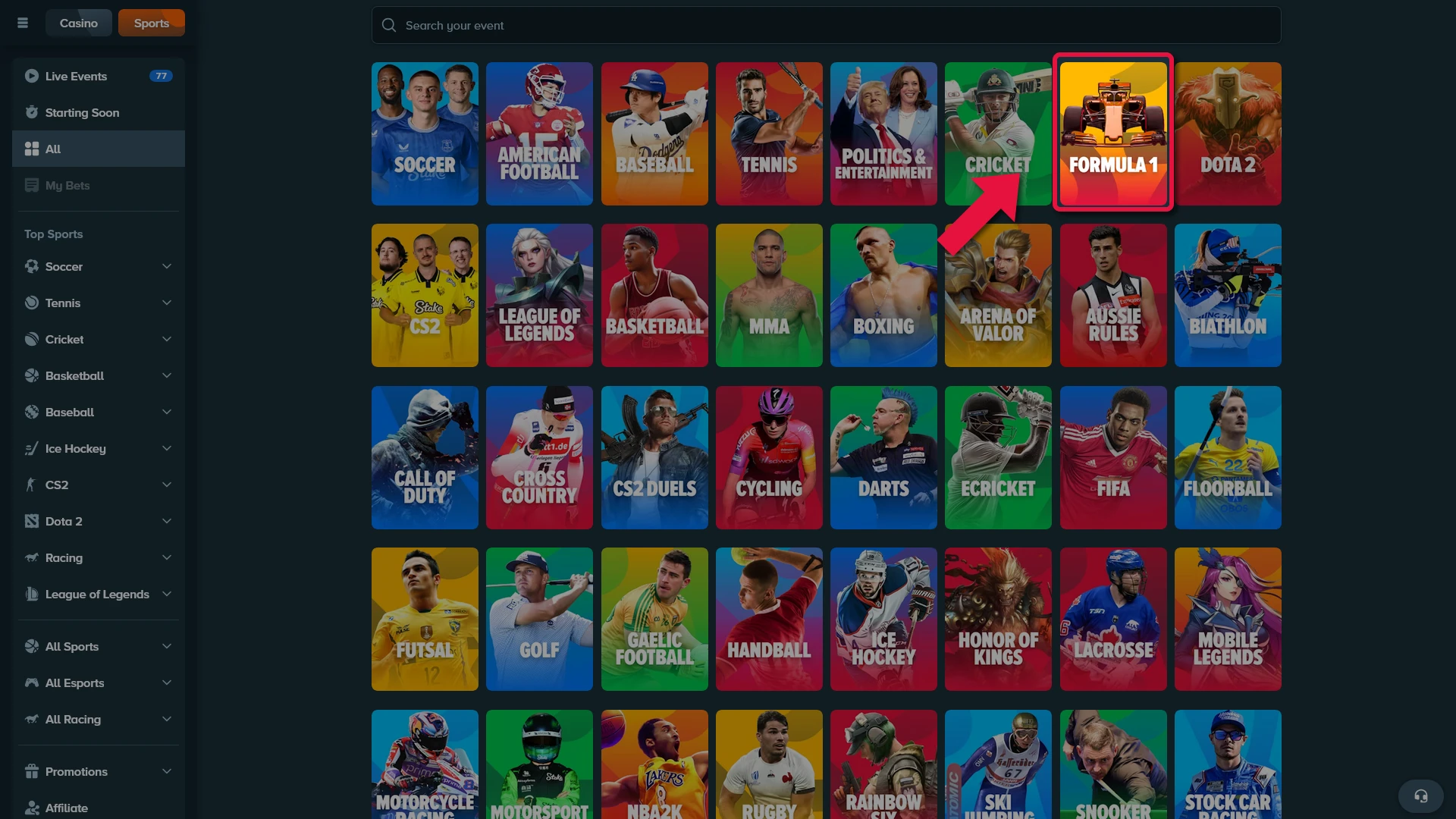 Go to the sports section and select Formula 1 betting at Stake.