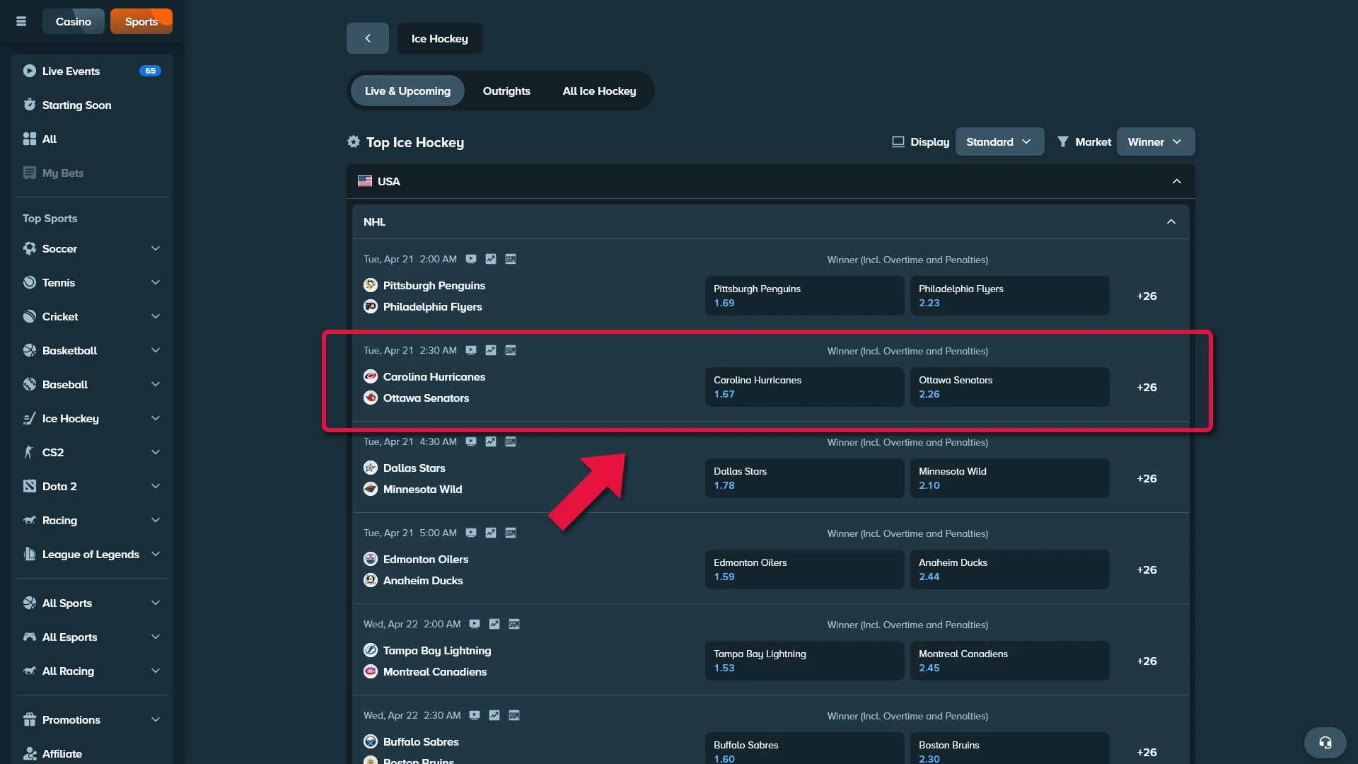 Choose a match and market to finalize your Ice Hockey strategy on Stake.