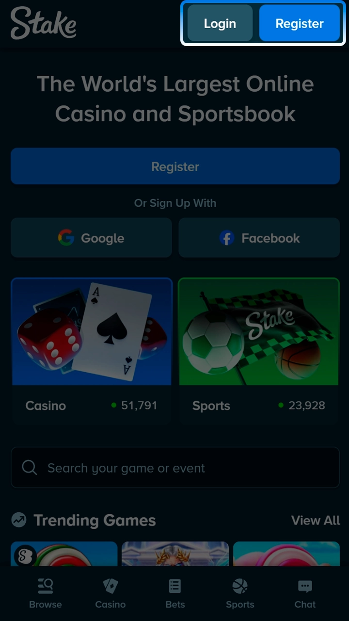 Secure login and registration process for users on Stake.