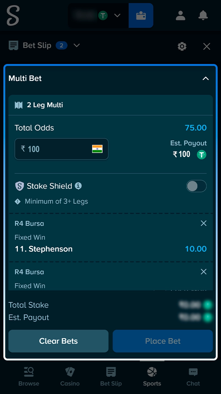 Finalizing your horse racing wager on the Stake platform.